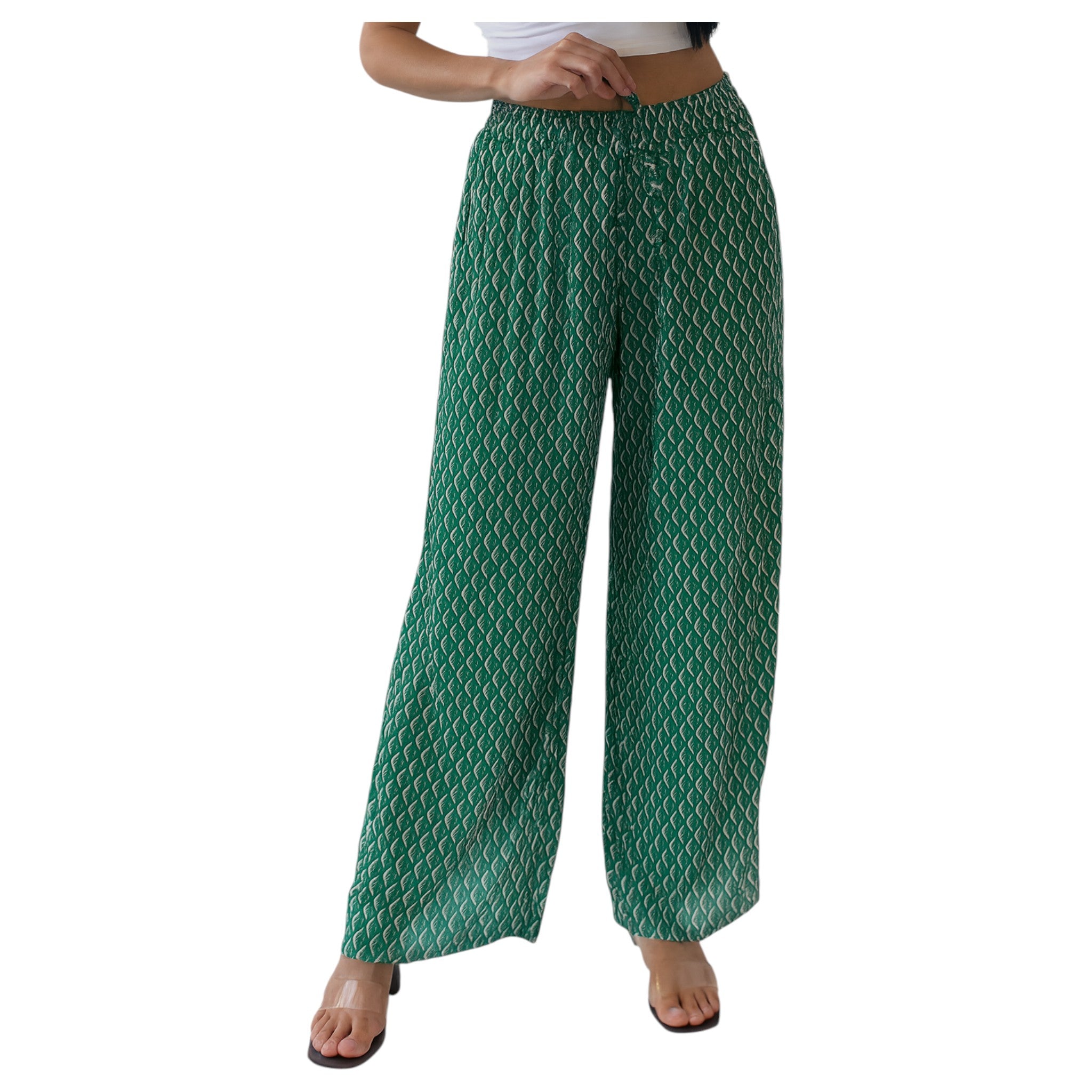 Ladies fashion palazzo trousers wide leg lightweight printed summer pants with drawstring waist casual boho style